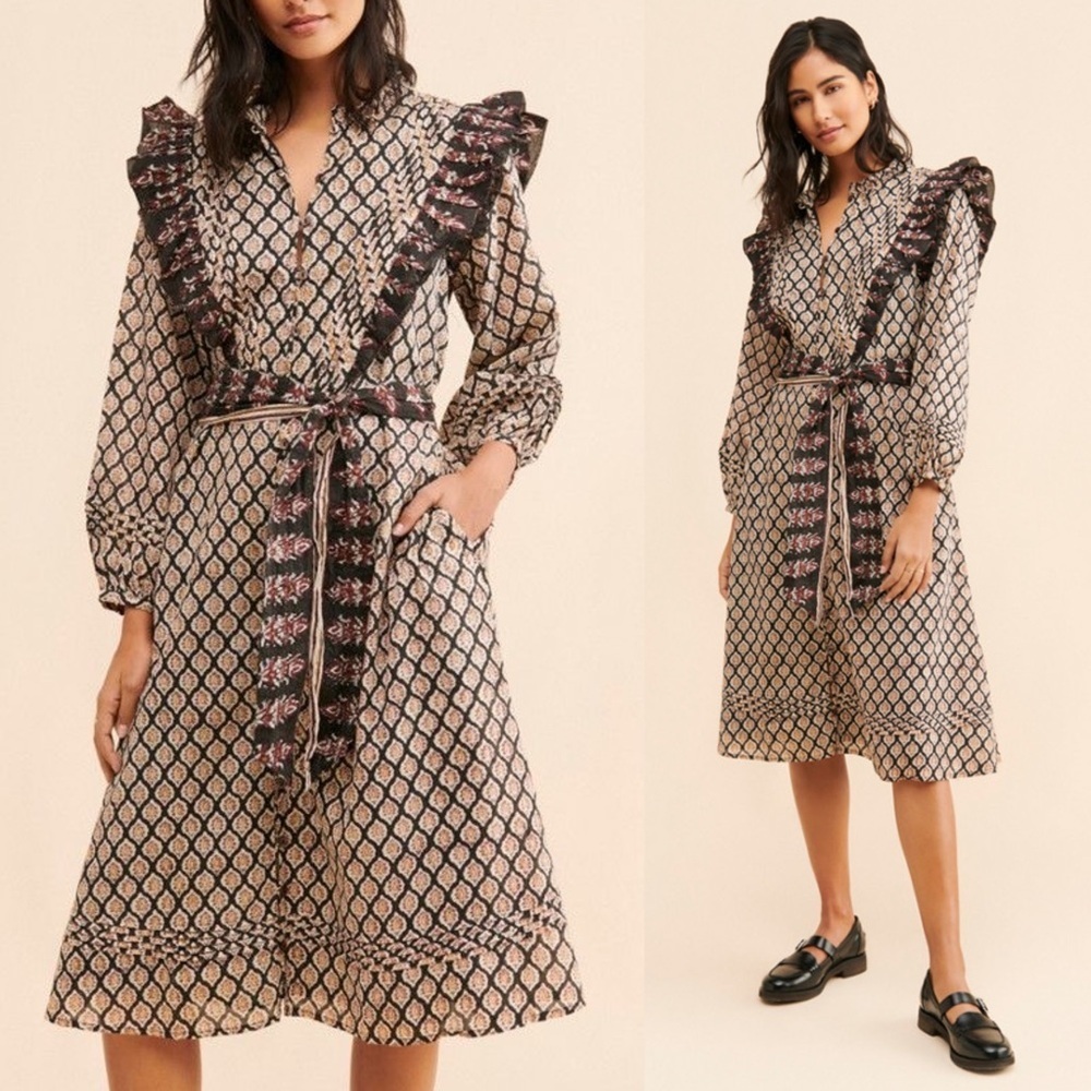 Cleobella Marlow Organic Cotton Pleated Dress Size Large Folk Print